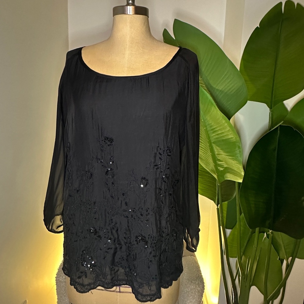J. Peterman Black Embellished Blouse